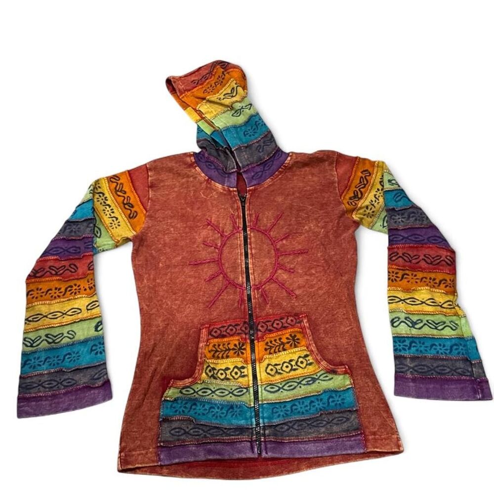 Y2K Multicoloured hippie zip up hoodie with sun design